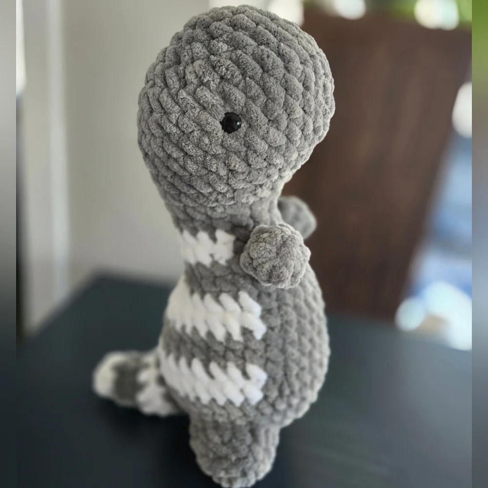 Handmade Plush Dinosaur Toy - Gray and White